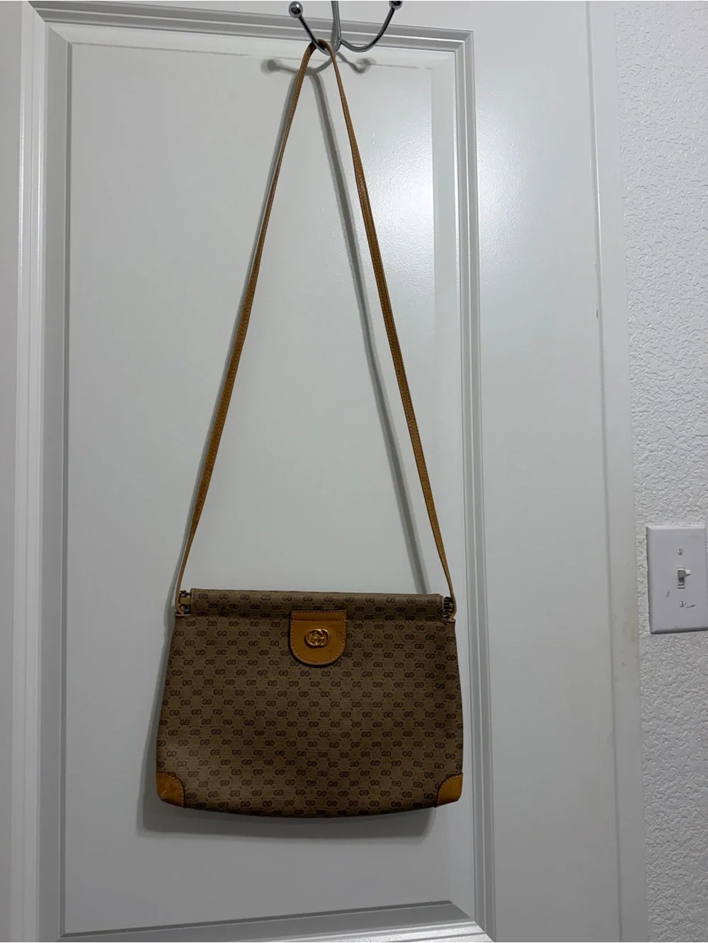 Gucci Brown GG Canvas Shoulder Bag with Tan Leather Trim